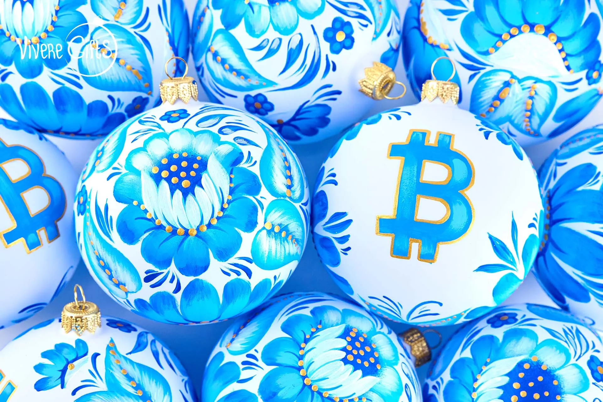 Ёлочные шары ручной росписи под заказ для частного клиента с изображением Биткоина (bitcoin/BTC))